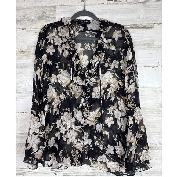 The Kooples Paris Women’s S Black Floral Ruffle Viscose Muslin Blouse NEW - Picture 3 of 6